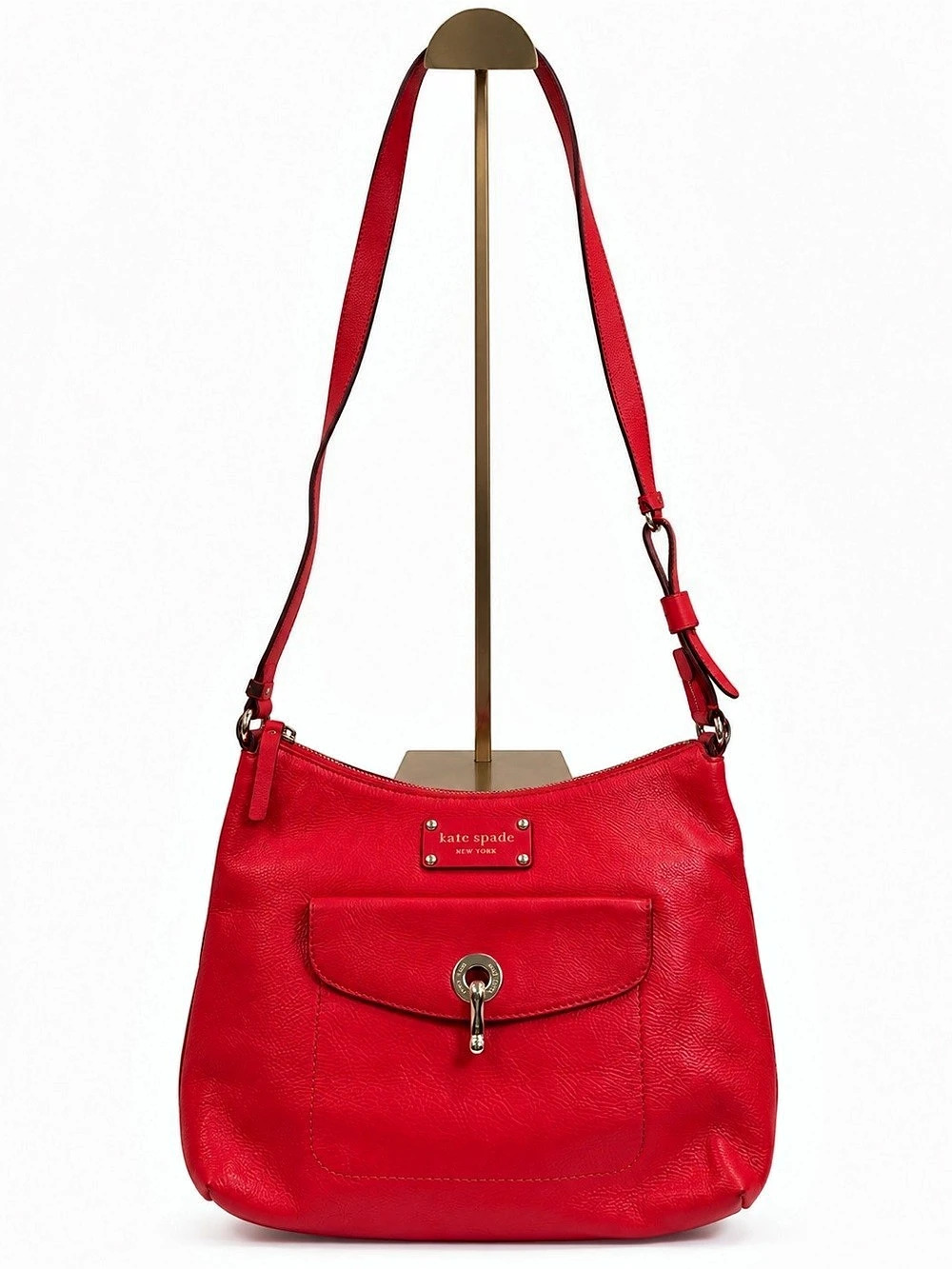 Kate Spade Red Pebbled Leather Hobo Shoulder Bag Crossbody Front Pocket